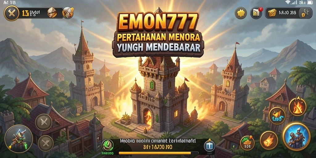 Screenshot gameplay EMON777 menampilkan menara pertahanan yang strategis.