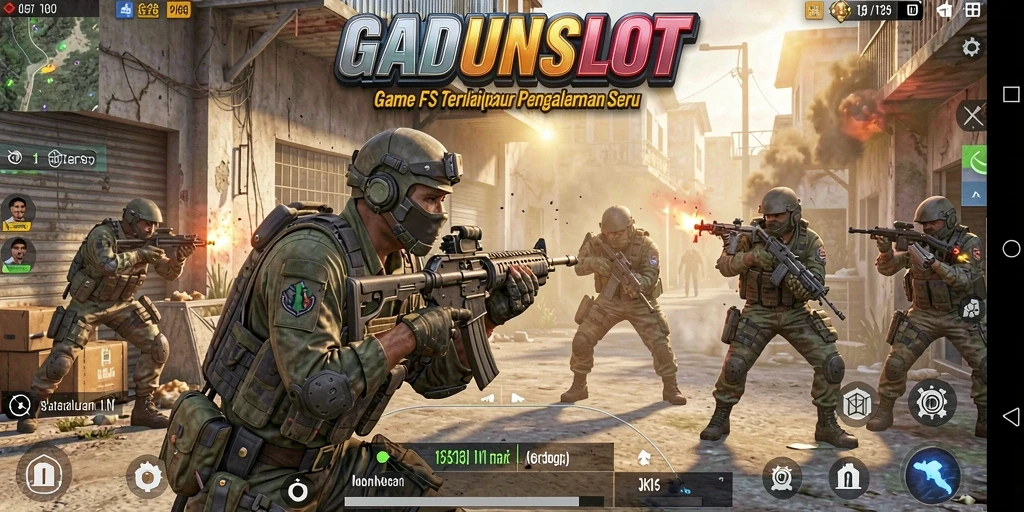 Screenshot GADUNSLOT dengan aksi gameplay FPS yang intens.