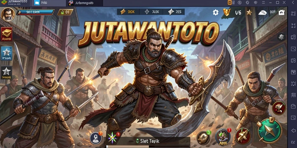 Tangkapan layar menunjukkan aksi seru dan karakter beragam dalam JUTAWANTOTO.
