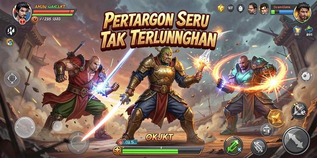Screenshot gameplay OKJKT menampilkan pertarungan seru dengan karakter yang dinamis.