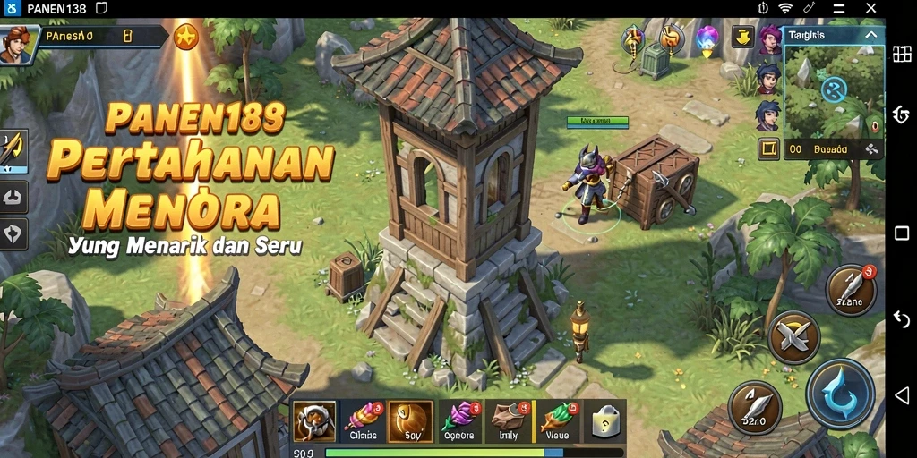Tangkapan layar dari PANEN138 menunjukkan menara bertahan melawan gelombang musuh.
