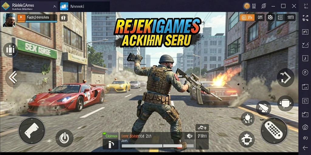Tangkapan layar utama menunjukkan aksi tembak-menembak di <strong>REJEKIGAMES</strong>.