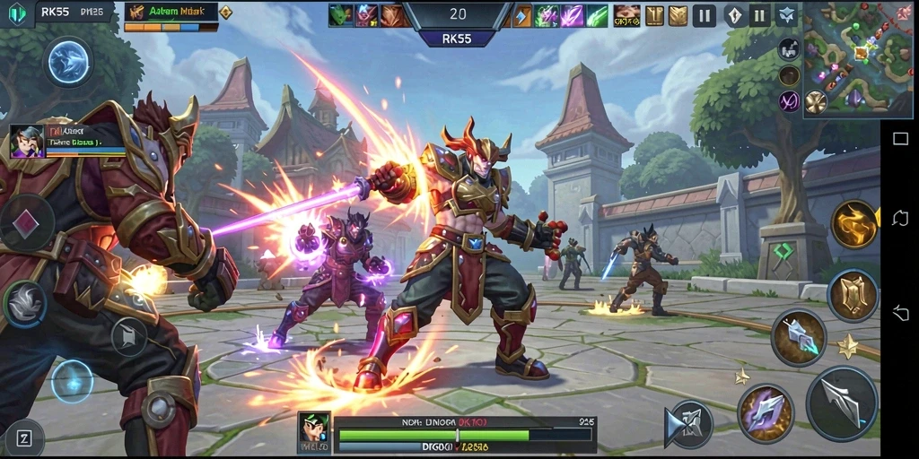 Screenshot RK55 menampilkan aksi pertandingan seru dan strategis di medan perang MOBA.