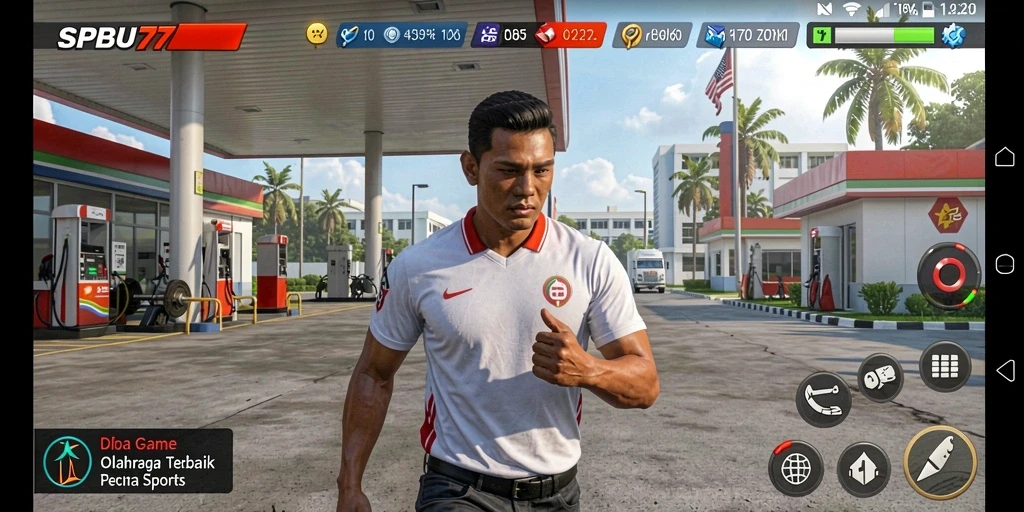 Tampilan gameplay menegangkan dalam SPBU77 yang penuh aksi.