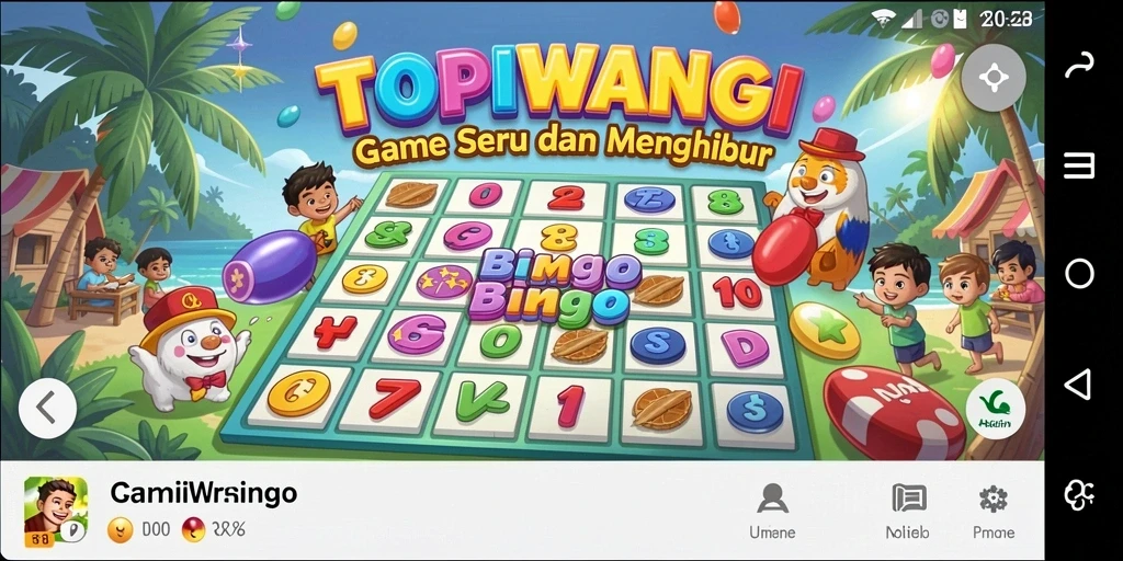 Tampilan gameplay seru dalam aplikasi TOPIWANGI yang penuh warna.