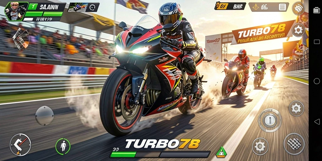 Tampilan gameplay TURBO78 dengan aksi balapan motor yang seru.